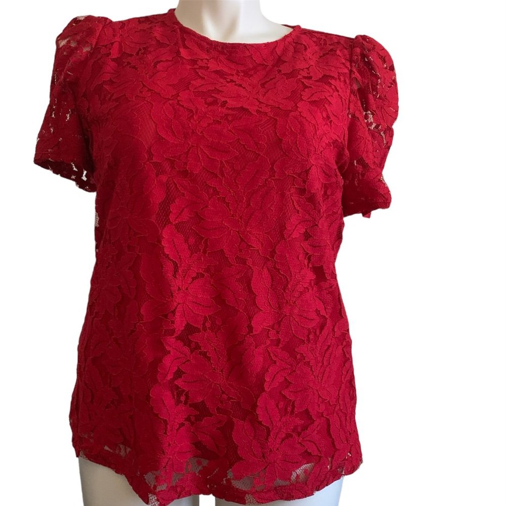 Liz Claiborne | Red Layered Short-Sleeve Lace Pattern Crochet Blouse | Sz L